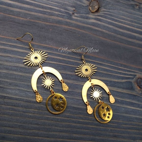 Cosmic Moon Chandelier Earrings with Sun & Moon Handmade Witchy Jewelry - Picture 2 of 5